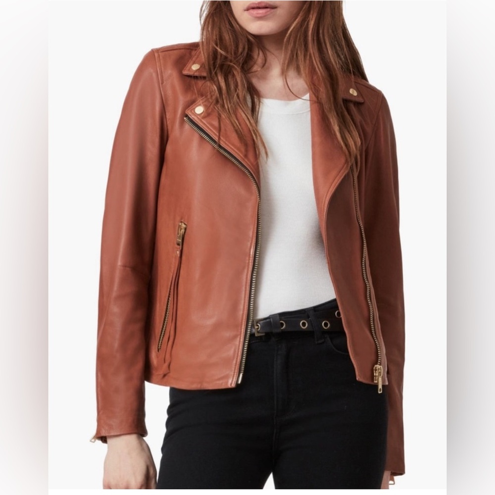 NWT Allsaints Dalby cognac leather jacket 00 runs small